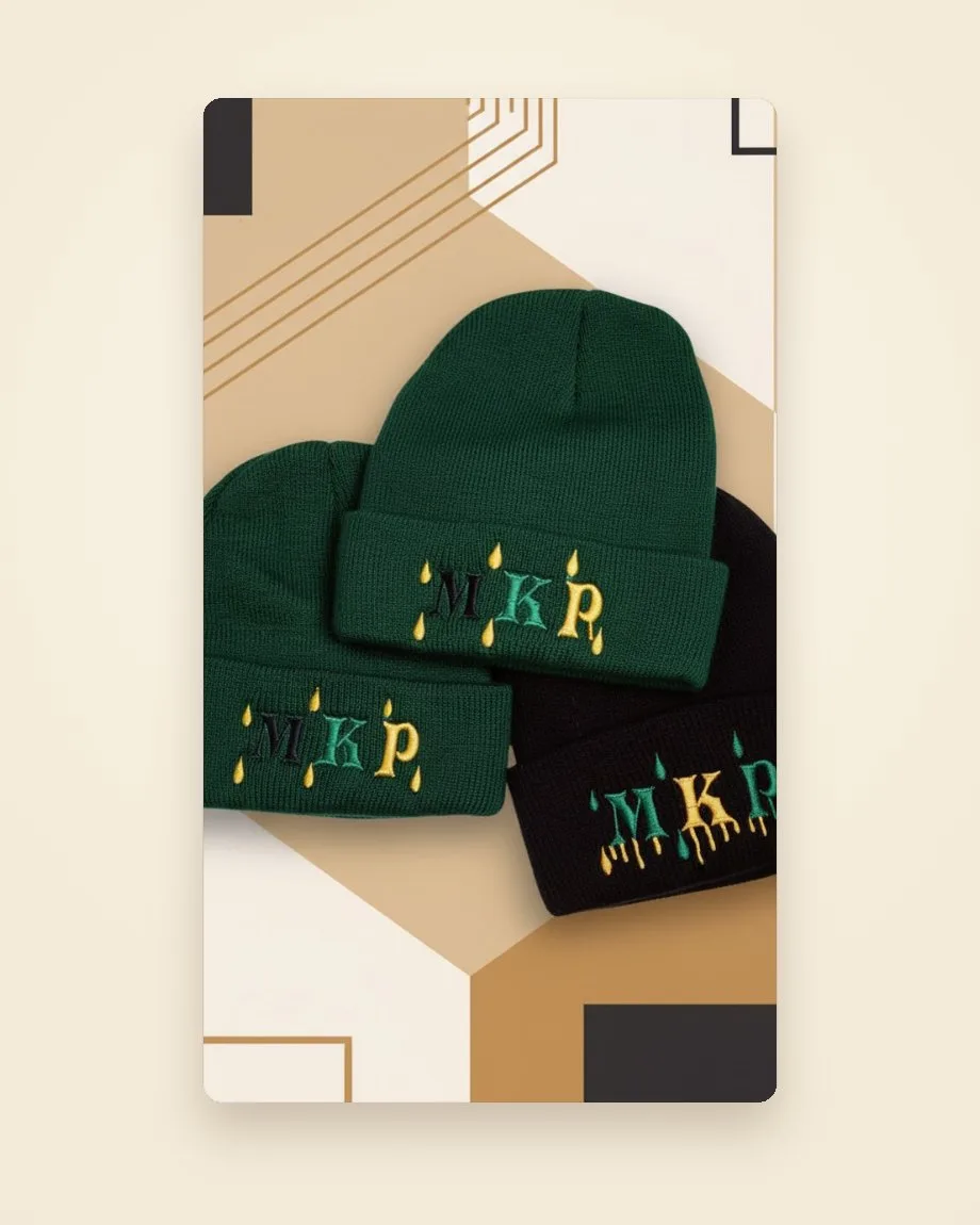 Warm knit beanies with raised embroidered names, logos and lettering