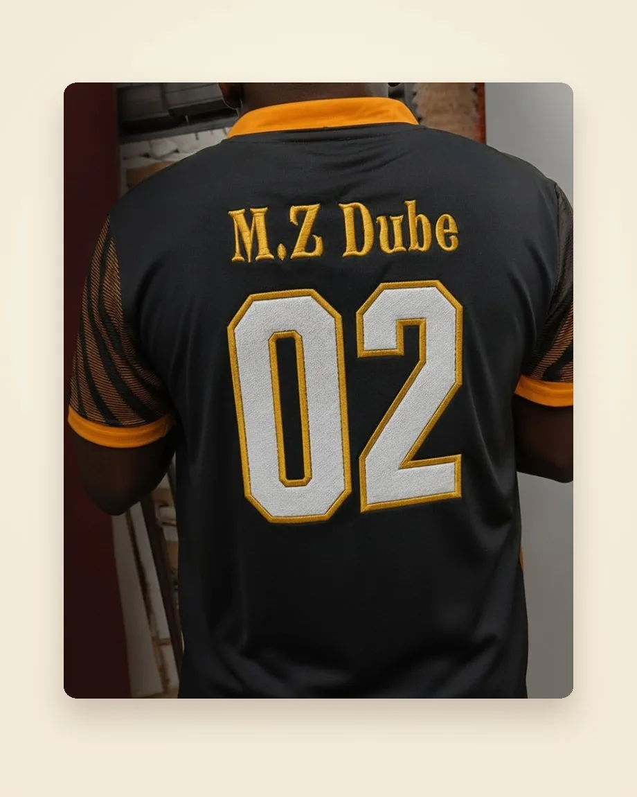 Custom sports jerseys personalised with embroidered names and DTF printed numbers