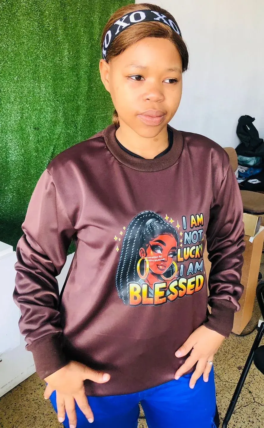 Brown satin sweater with a full-colour I Am Blessed DTF print