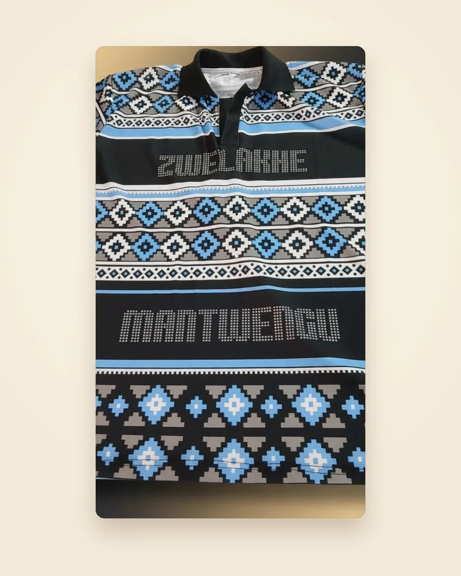 Traditional African pattern golf shirts, full-colour sublimated with embroidered names